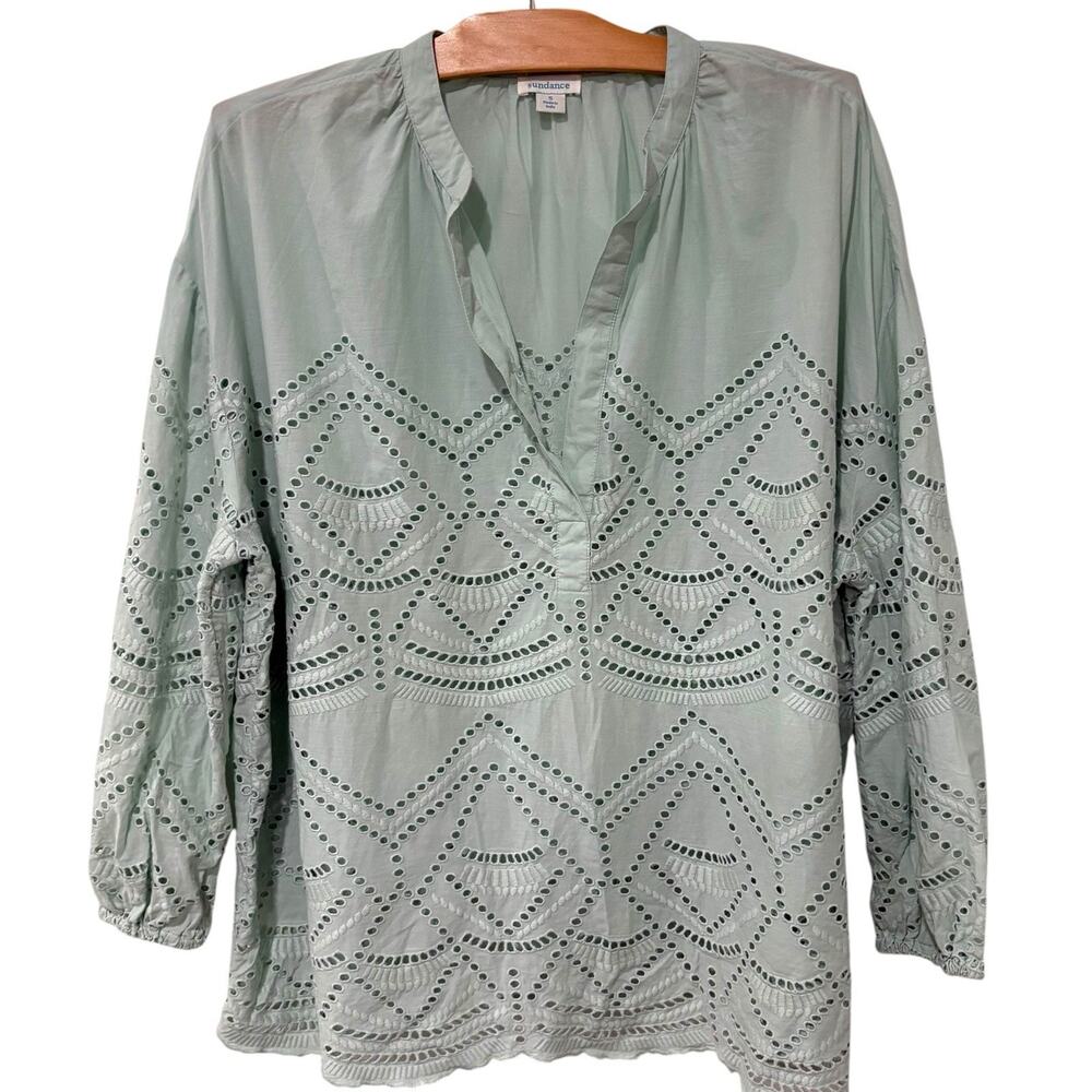 Sundance | Top Green Eyelet 3/4 Sleeves Boho Peasant Festival- Size Small